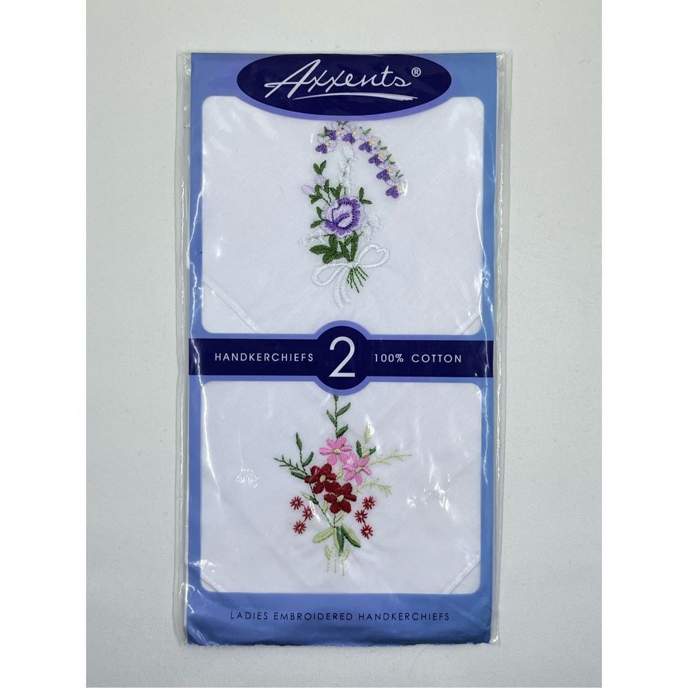 Vintage embroidered floral 100% cotton handkerchiefs set of 2 in original packag
